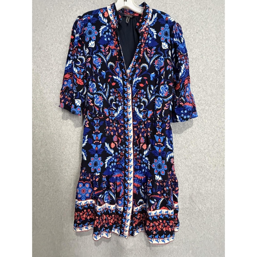 Adrianna Papell Dress Womens 10 Floral Fit Flare Shirt V-Neck Black Mini Boho